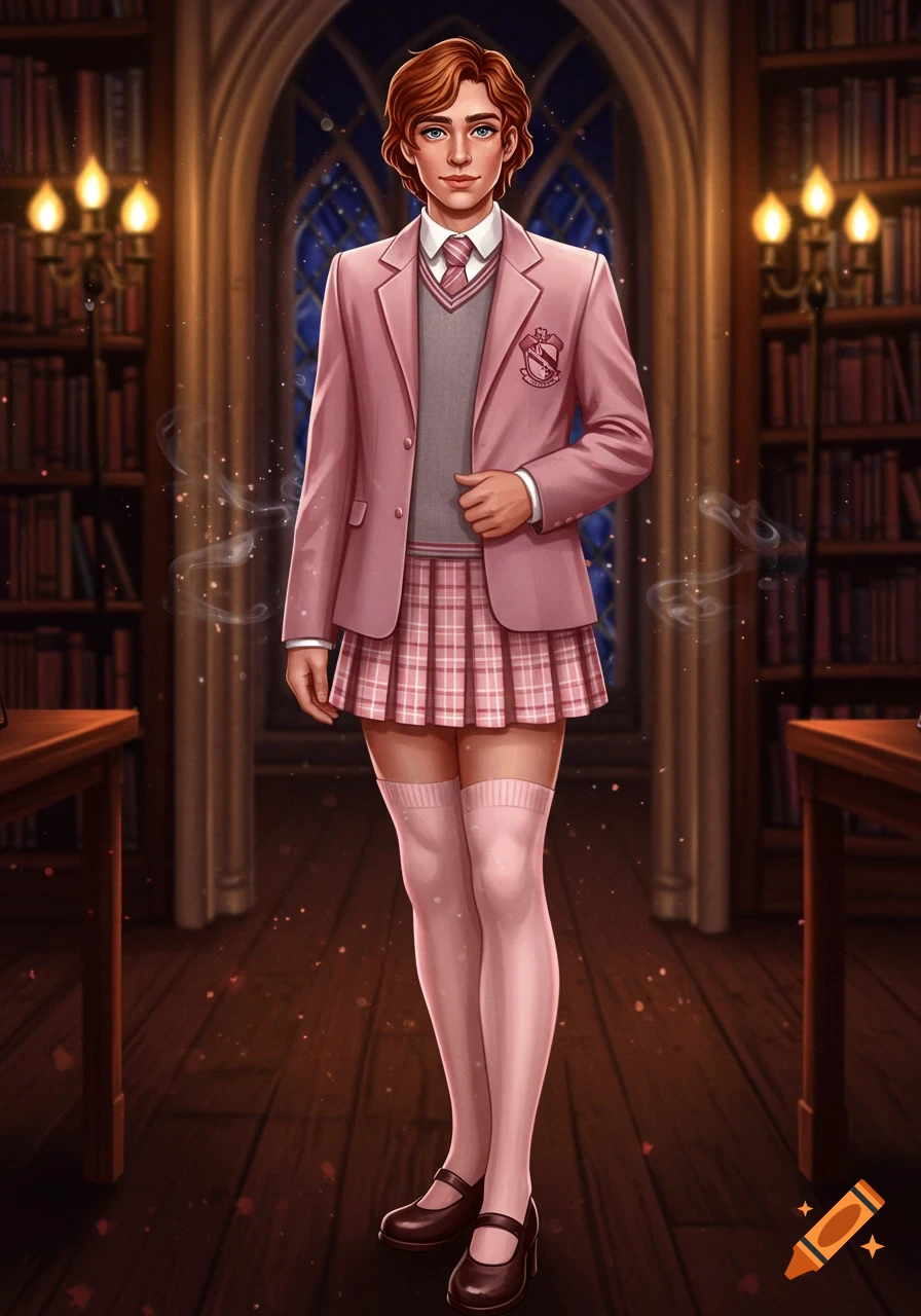 A semi-realistic digital art portrait of a person in a pink school uniform, with a blazer, plaid skirt, and thigh-high socks, in a magical library.