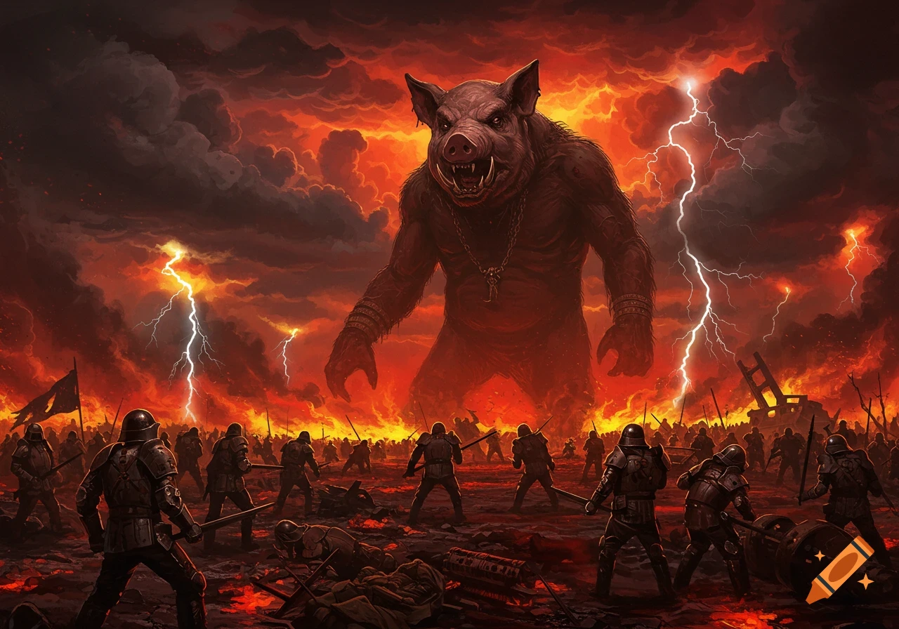 An epic dark fantasy artwork of a colossal boar-like monster leading an army of armored soldiers across a fiery, lightning-struck battlefield.