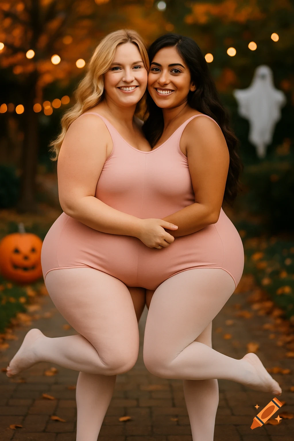 Two smiling women in a pink leotard and white tights pose like one conjoined person, with a jack-o'-lantern and ghost in a Halloween-themed background.