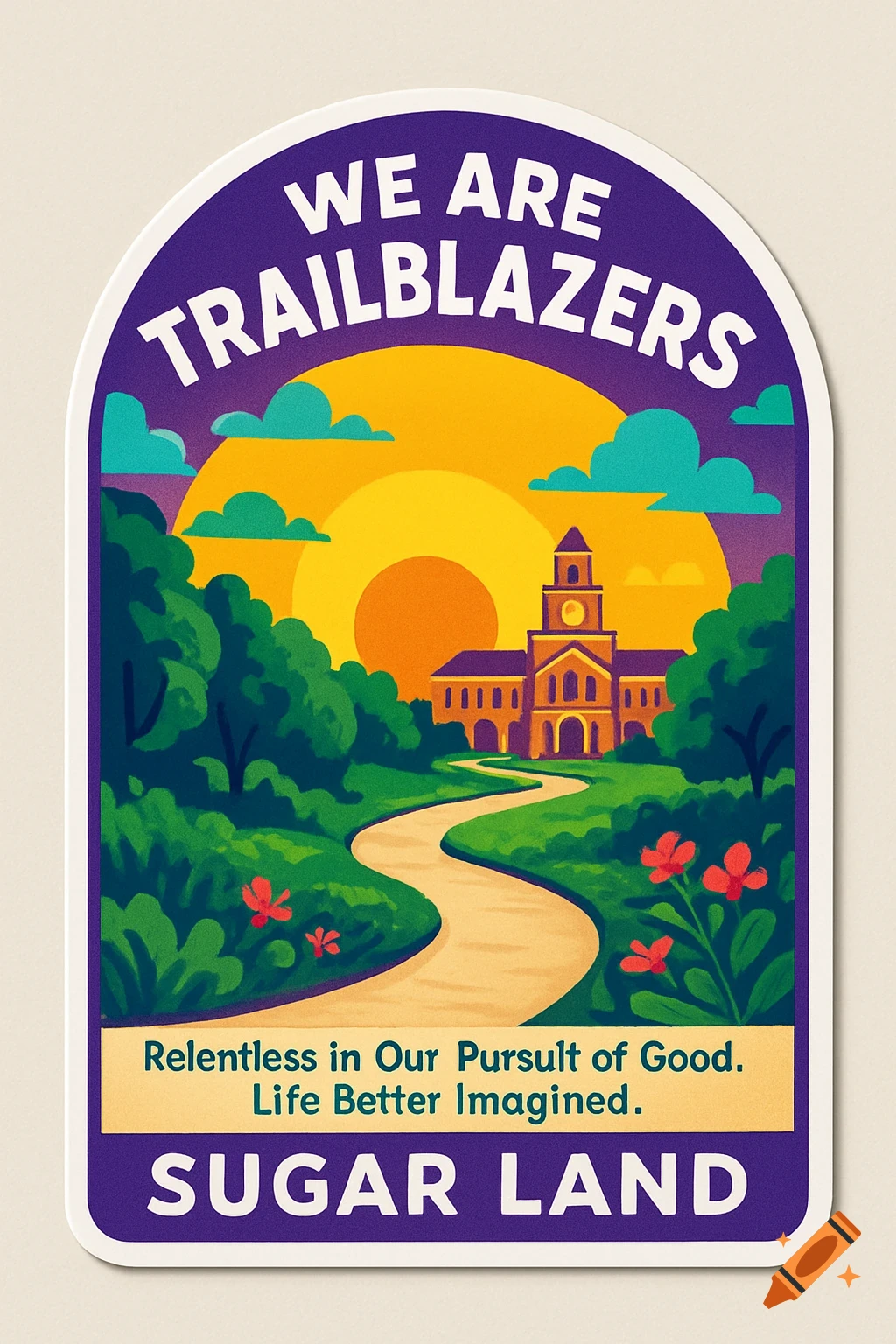 Sticker illustration of a path leading to a landmark building at sunset, surrounded by trees and flowers. Text reads WE ARE TRAILBLAZERS, Relentless in Our Pursuit of Good. Life Better Imagined. and SUGAR LAND.