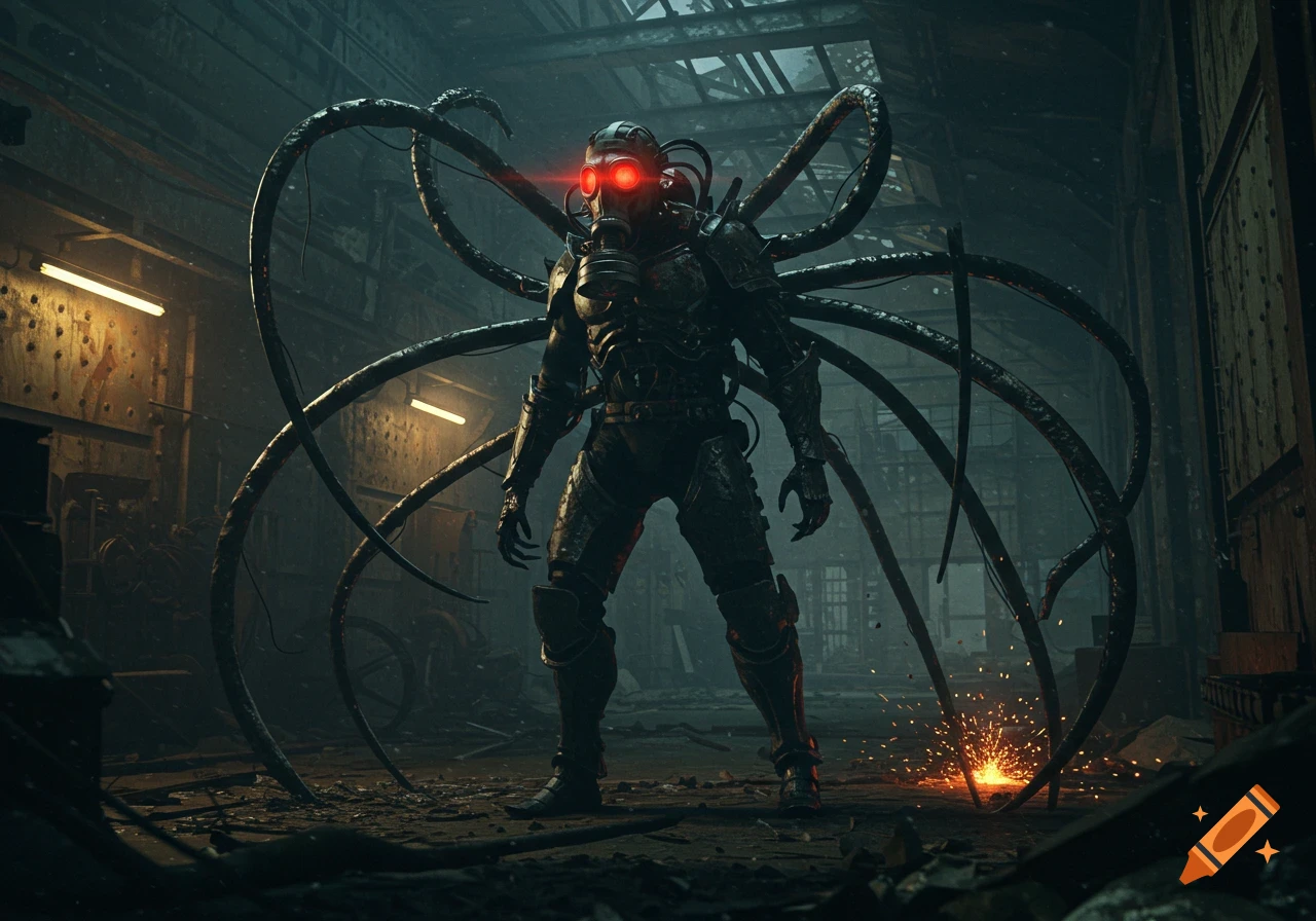 A menacing cyborg creature with red eyes and metallic tentacles stands in a dark, abandoned industrial building with sparks on the floor.