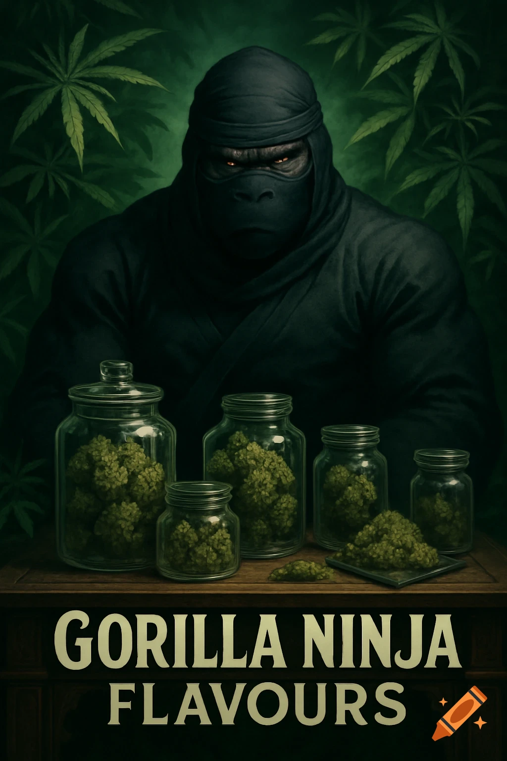 A dark, moody illustration of a gorilla ninja seated at a table with jars of cannabis buds, surrounded by cannabis plants. Text: Gorilla Ninja Flavours.