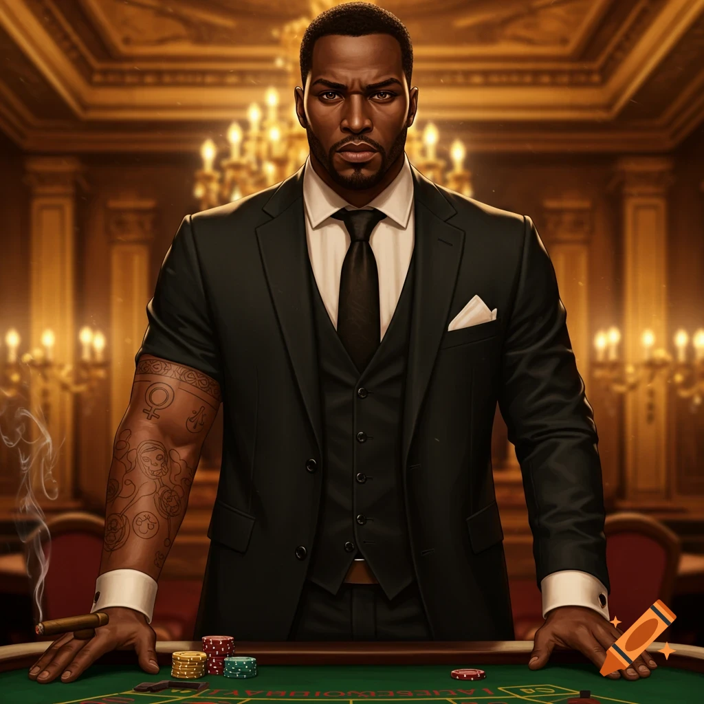 A determined man in a dark suit stands at a casino table with chips and a cigar, opulent chandeliers in the background.
