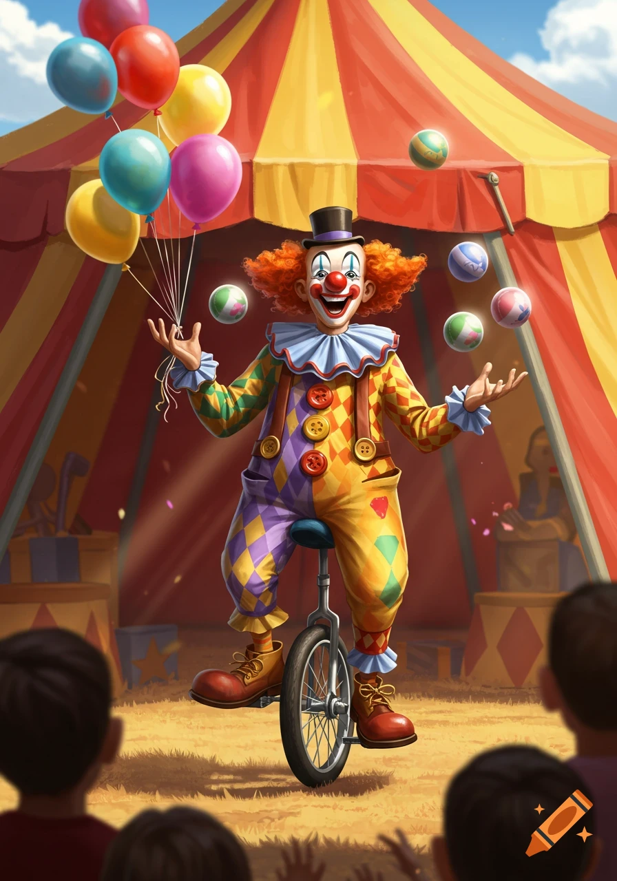 A cheerful clown on a unicycle juggles colorful balls and holds balloons under a vibrant circus tent.
