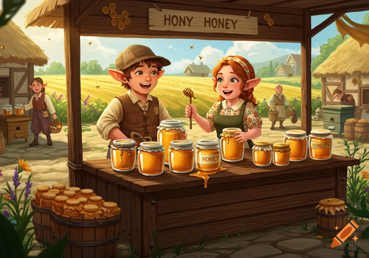 An illustration of a cheerful halfling boy and girl selling honey at a rustic market stand.
