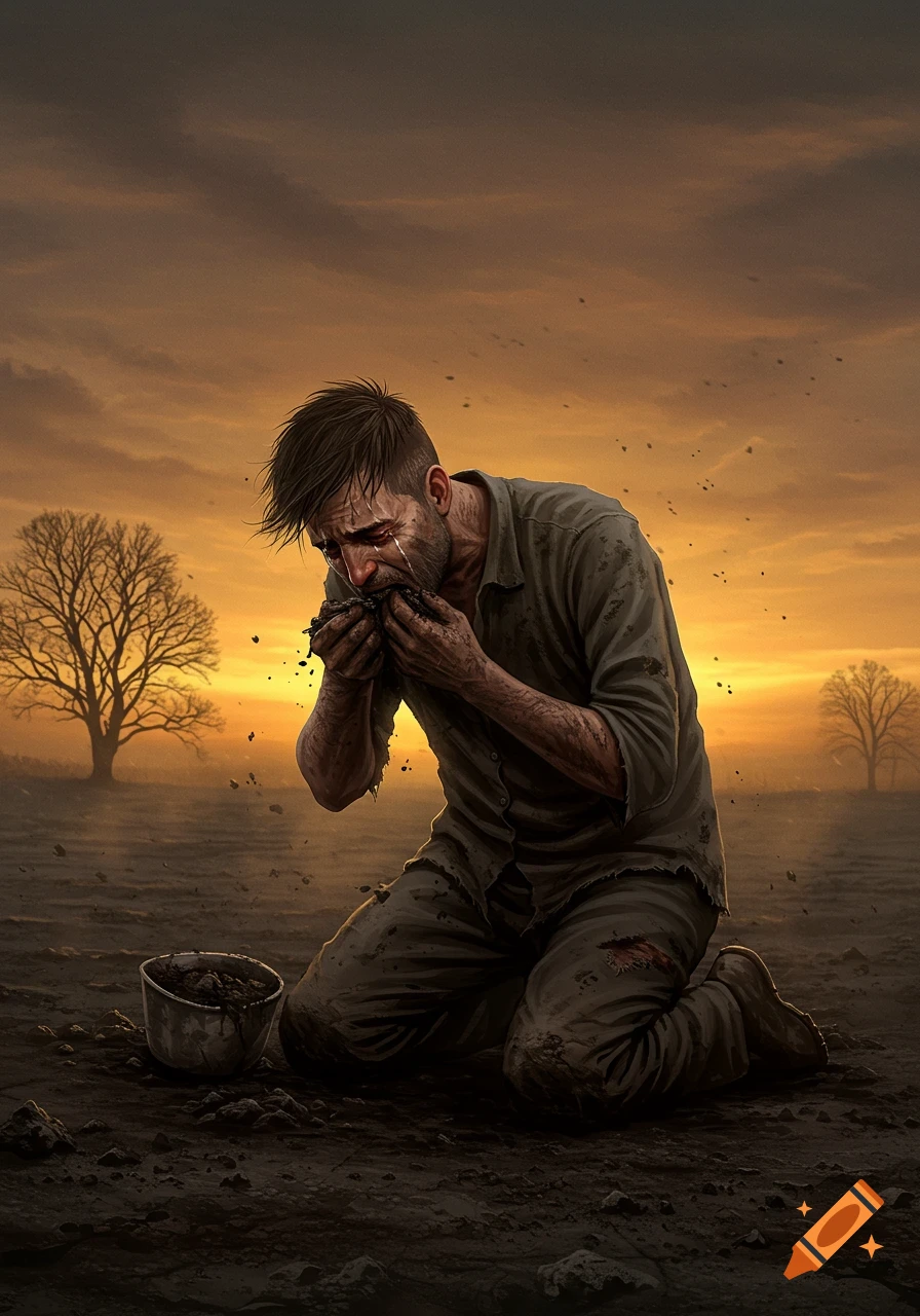A man cries while kneeling and eating dirt in a desolate field at sunset, painted in a realistic style.