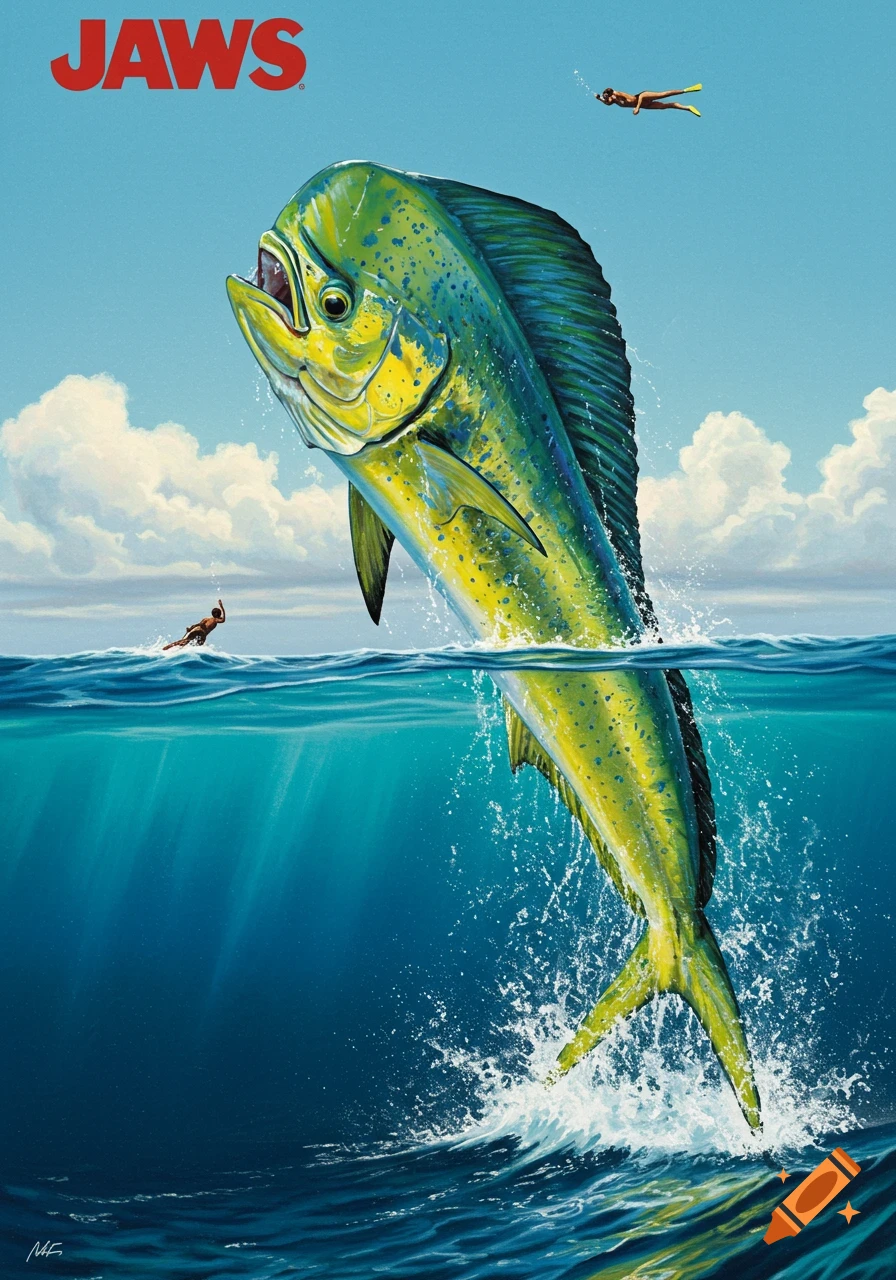 Large green and yellow mahi-mahi jumping from blue ocean water with two swimmers and the red 'JAWS' title above, in a movie poster style.