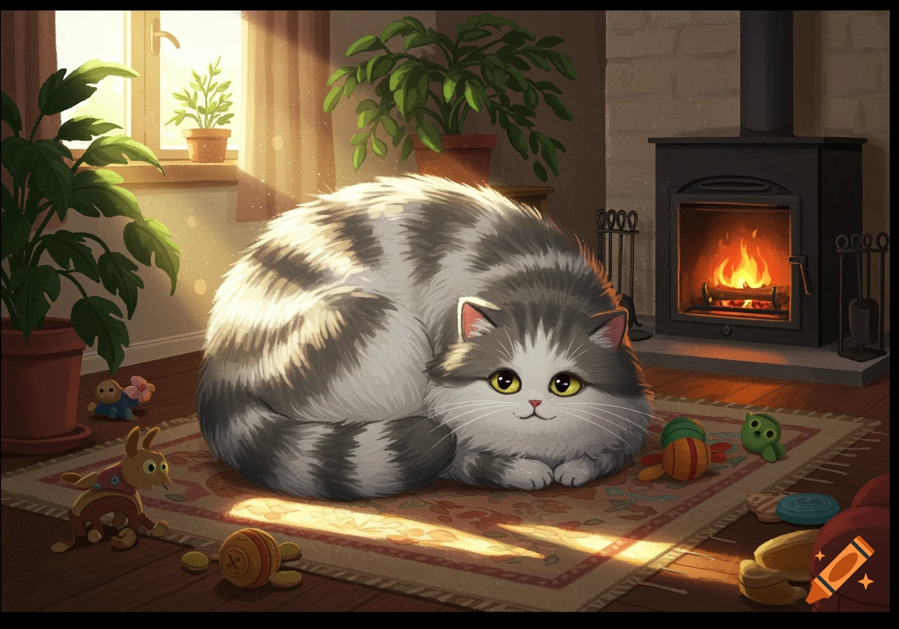 A fluffy gray and white cat with large yellow eyes curled up on a patterned rug in a sunlit room with a fireplace and potted plants, in an illustrative style.