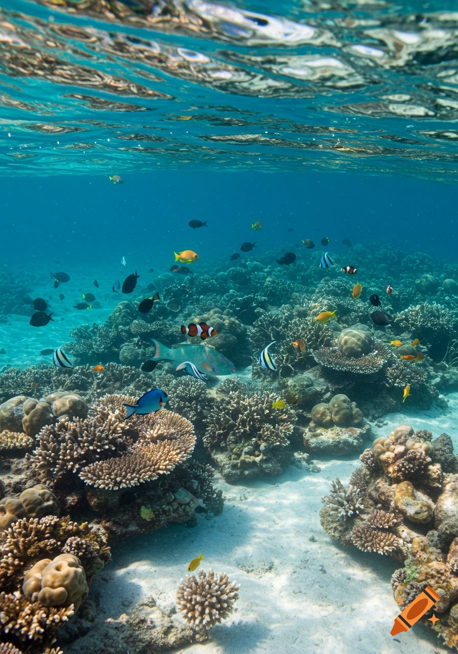 Underwater view of a vibrant coral reef teeming with colorful tropical fish swimming among diverse coral formations.