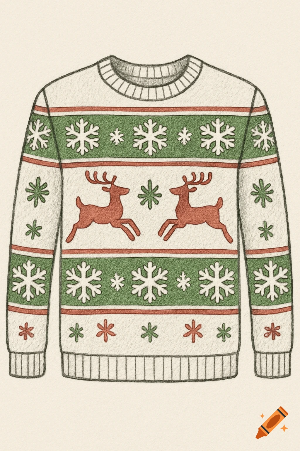 A white, green, and red Christmas sweater with reindeer and snowflake patterns, in a simple illustrative style.
