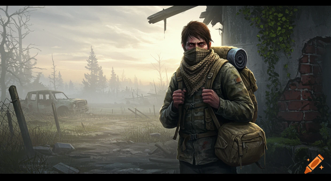 A digital painting of a lone survivor wearing a face mask and backpack, standing in a foggy, post-apocalyptic landscape with ruined buildings and a derelict truck.