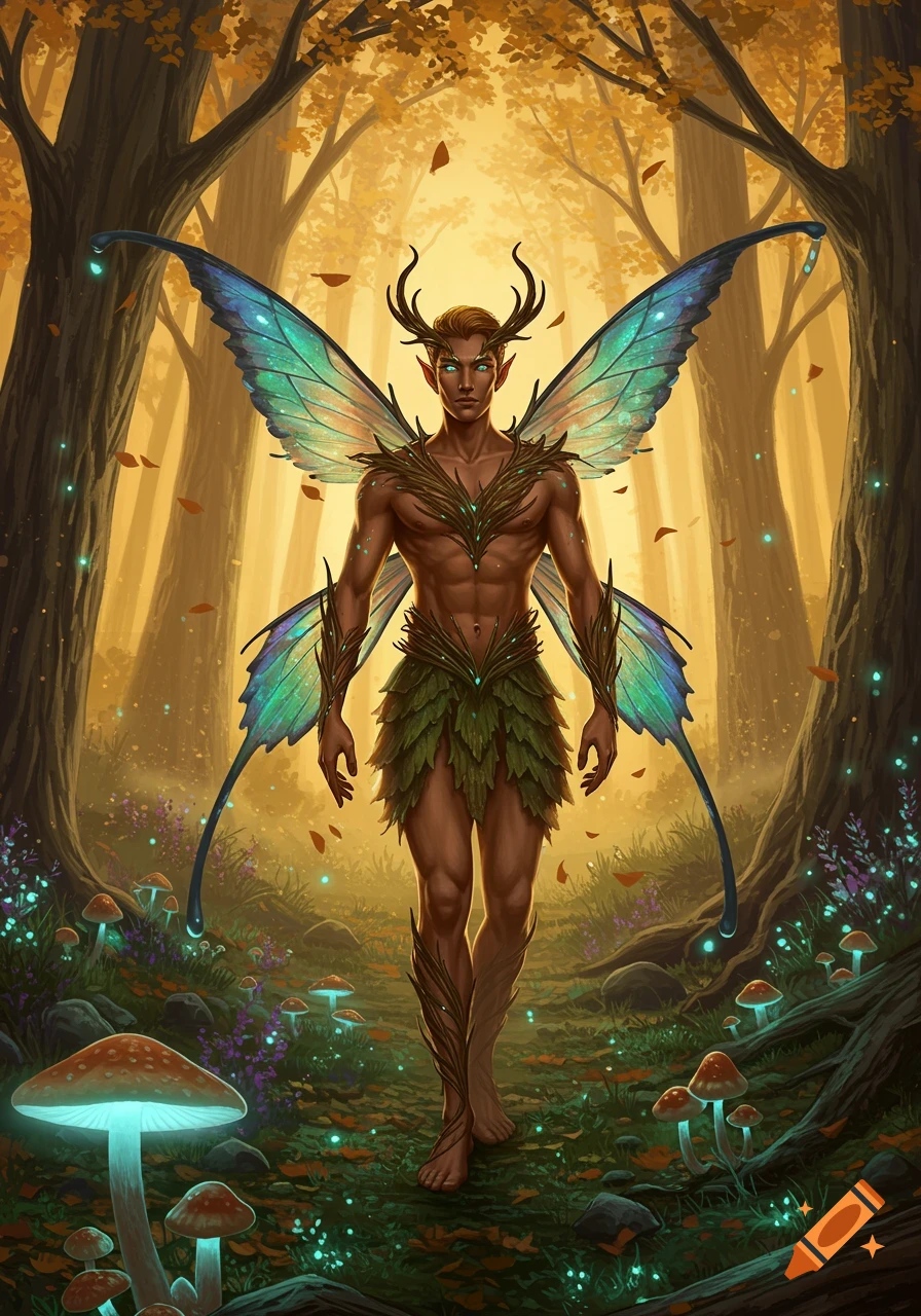 A male fairy with luminous green wings and antlers stands in an autumnal forest with glowing mushrooms.