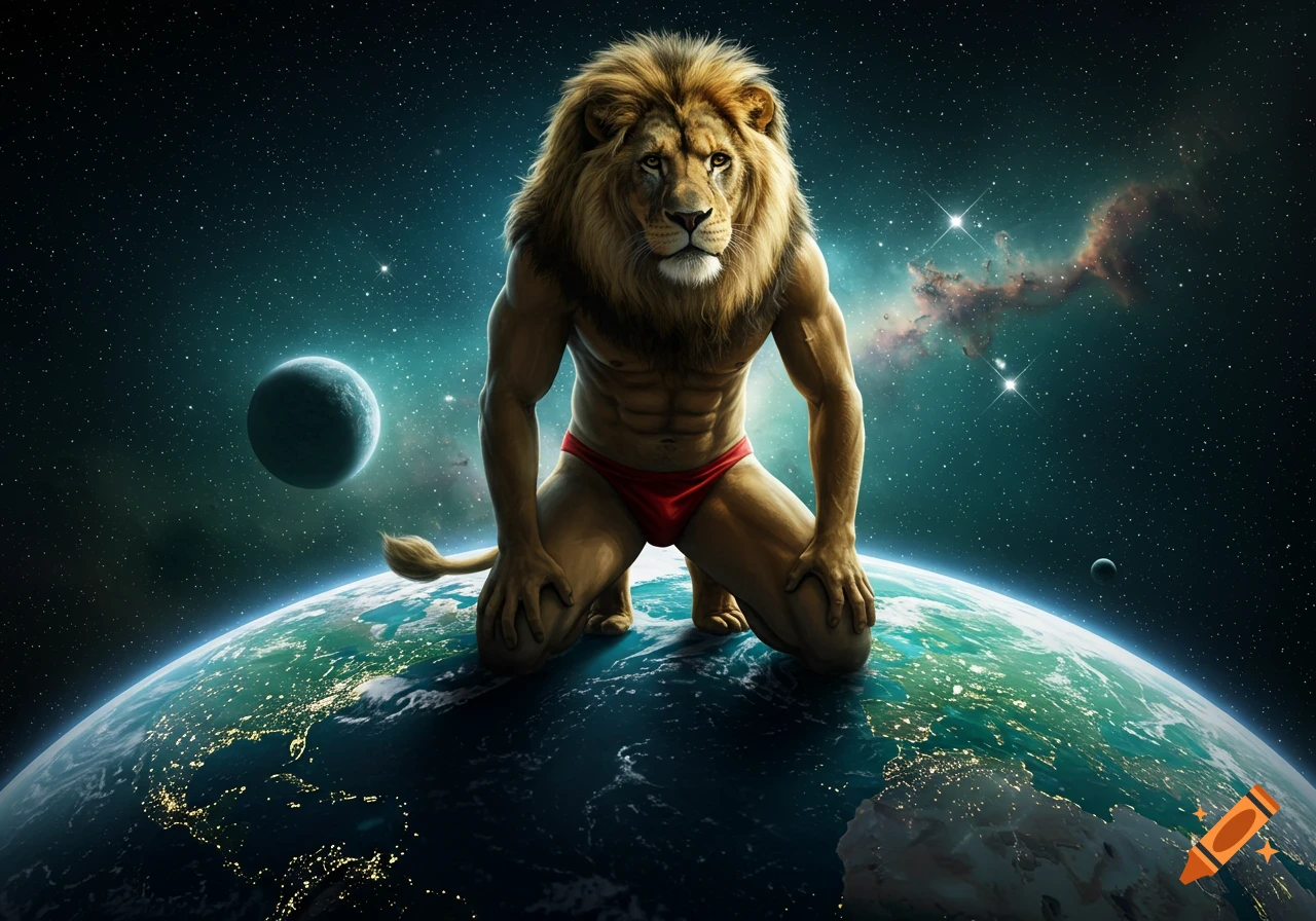 Photorealistic muscular anthropomorphic lion in a red speedo kneeling on Earth, against a starry space background with planets.