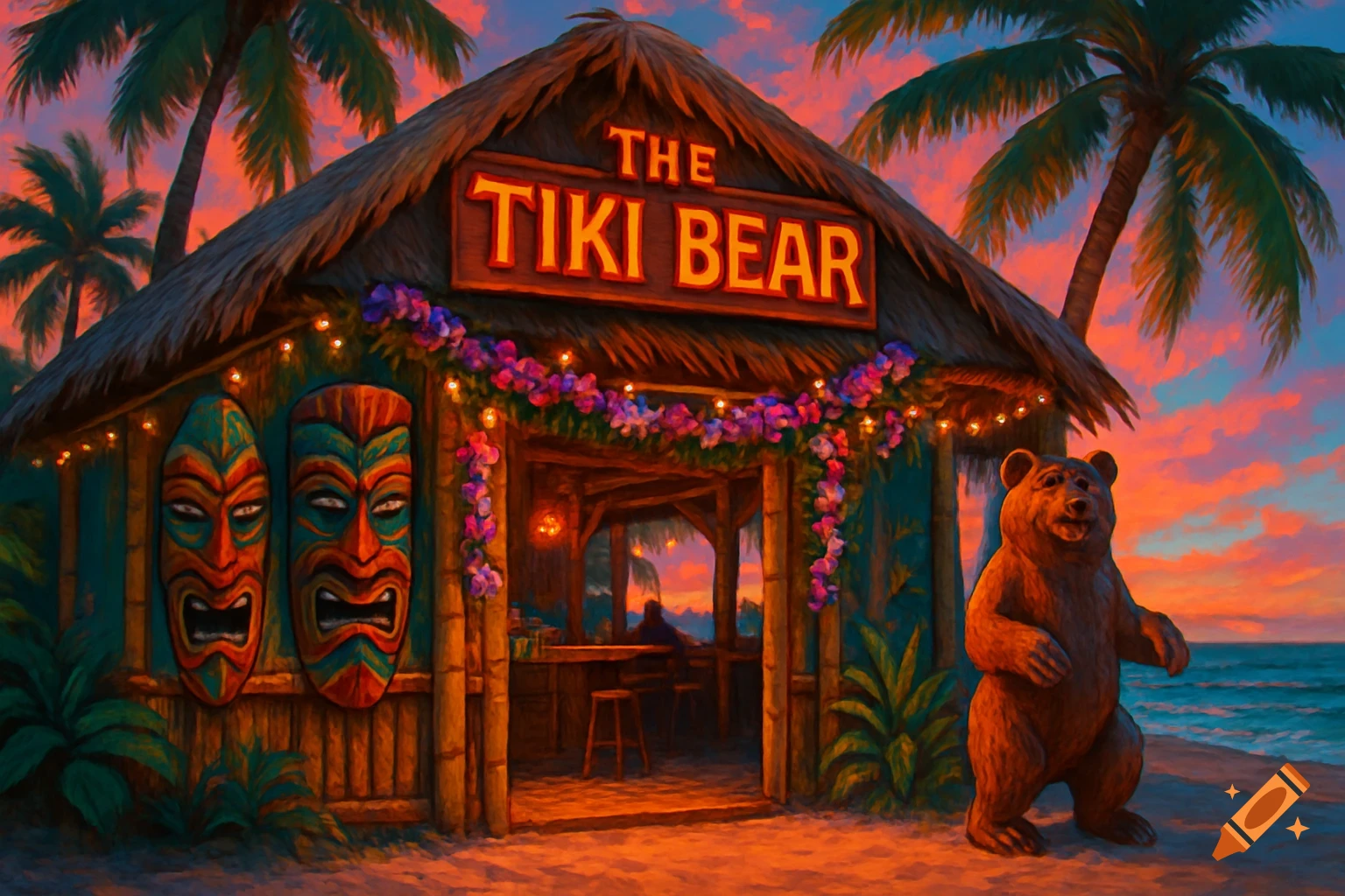 A painted scene of 'The Tiki Bear' bar on a beach with a bear standing outside, palm trees, and a colorful sunset.