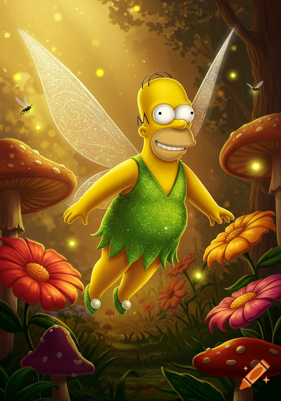 Homer Simpson as a glittery green fairy with wings, flying in a magical forest with glowing mushrooms and flowers.