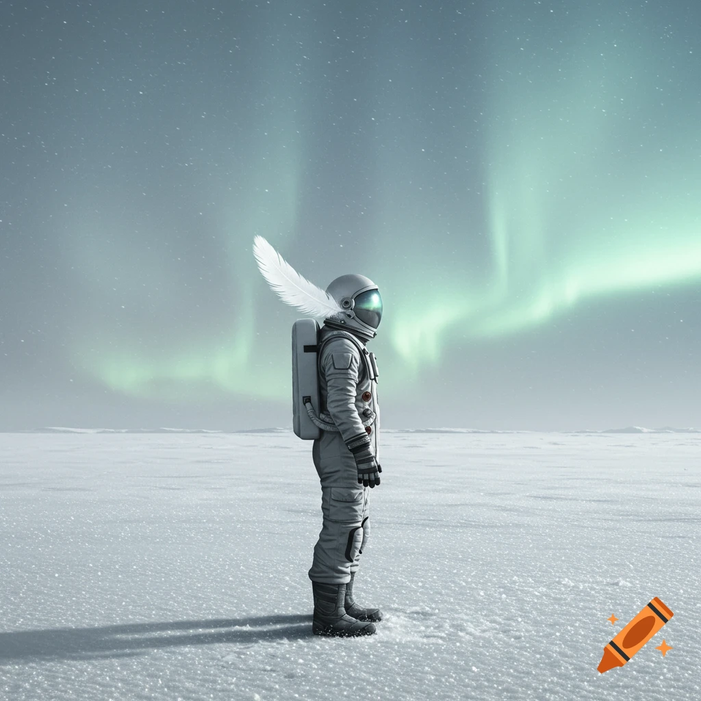 An astronaut with a feather on its helmet stands in a vast, flat snow field under a sky with the aurora borealis.