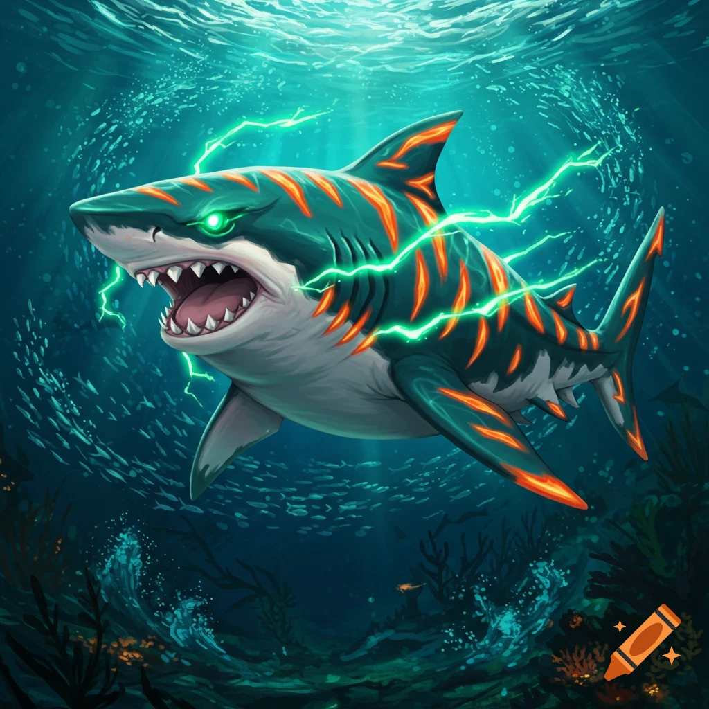 Stylized tiger shark with glowing green eyes and orange stripes, emitting green lightning underwater with small fish.