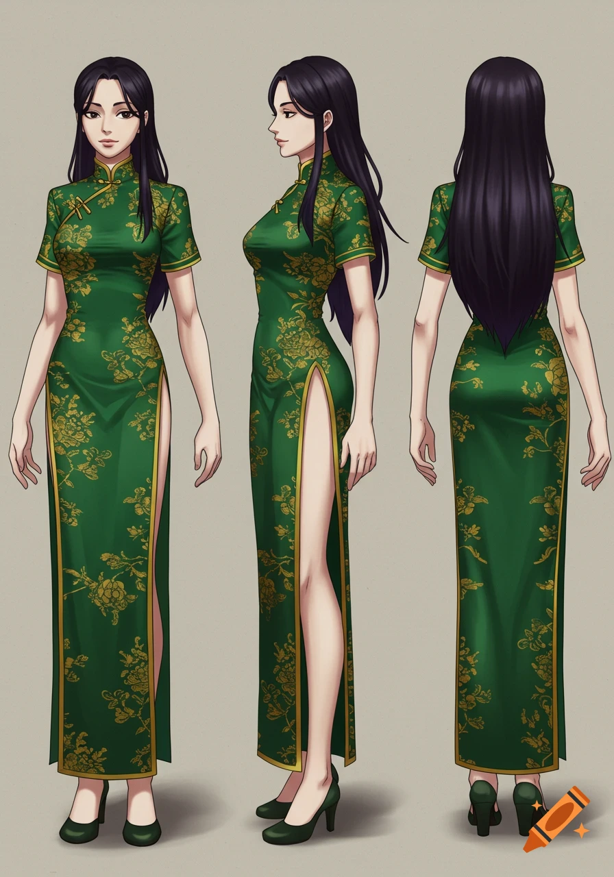 A dark-haired woman in a green qipao with gold floral embroidery, shown in front, side, and back views in an anime style.