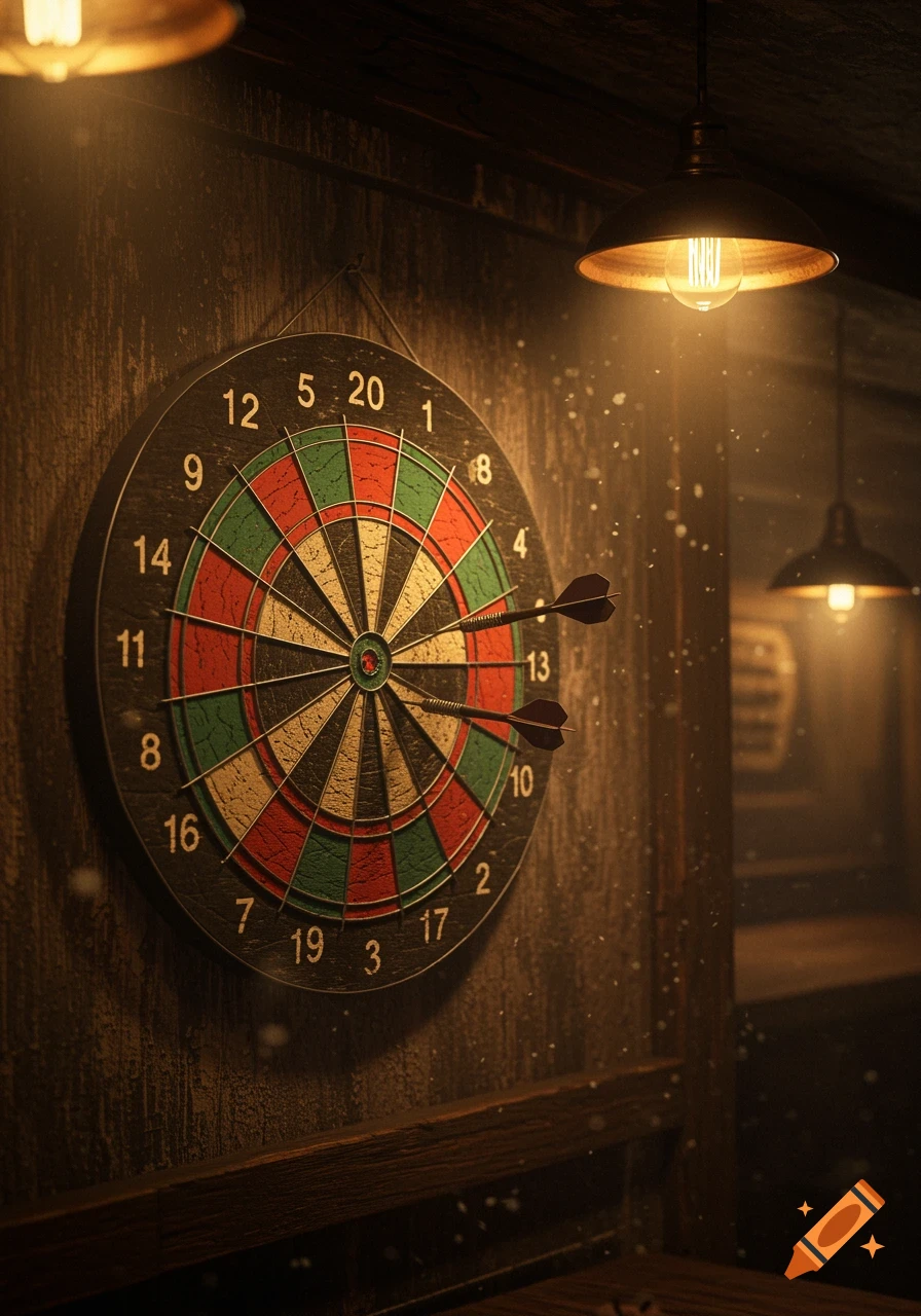 A photorealistic image of a dartboard with two darts, illuminated by warm lights in a dimly lit room.