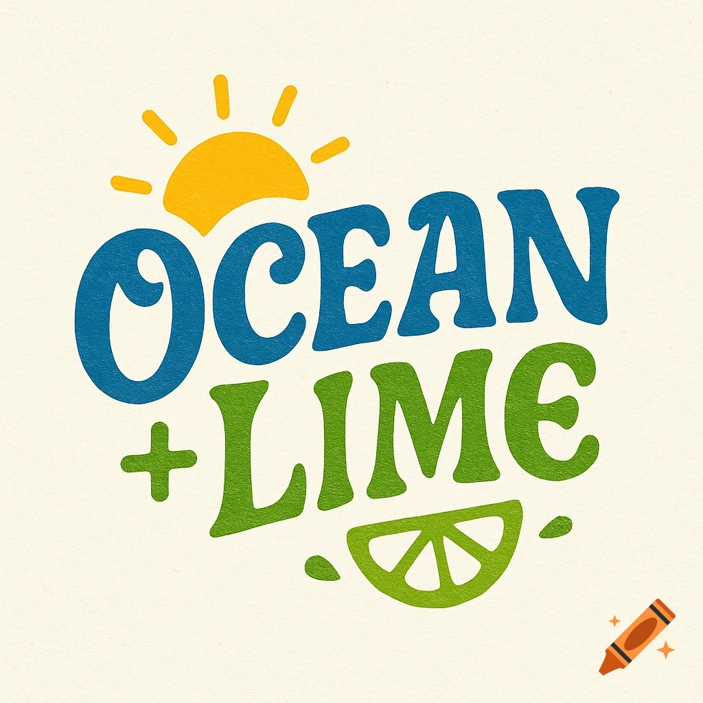 A vibrant retro-style logo for "OCEAN + LIME" with a yellow sun and a green lime slice on a cream background.