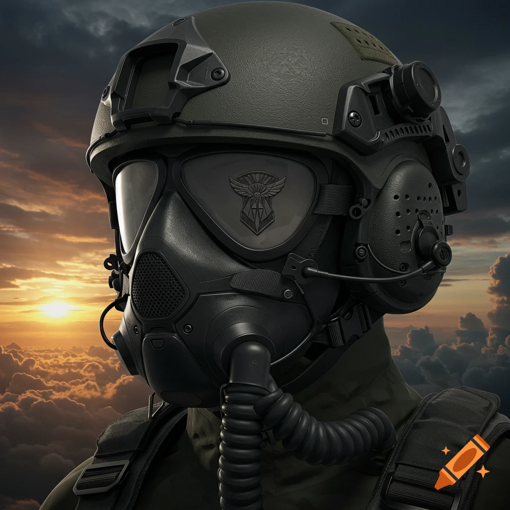 A photorealistic close-up of a person in a military helmet and gas mask against a sunset sky.