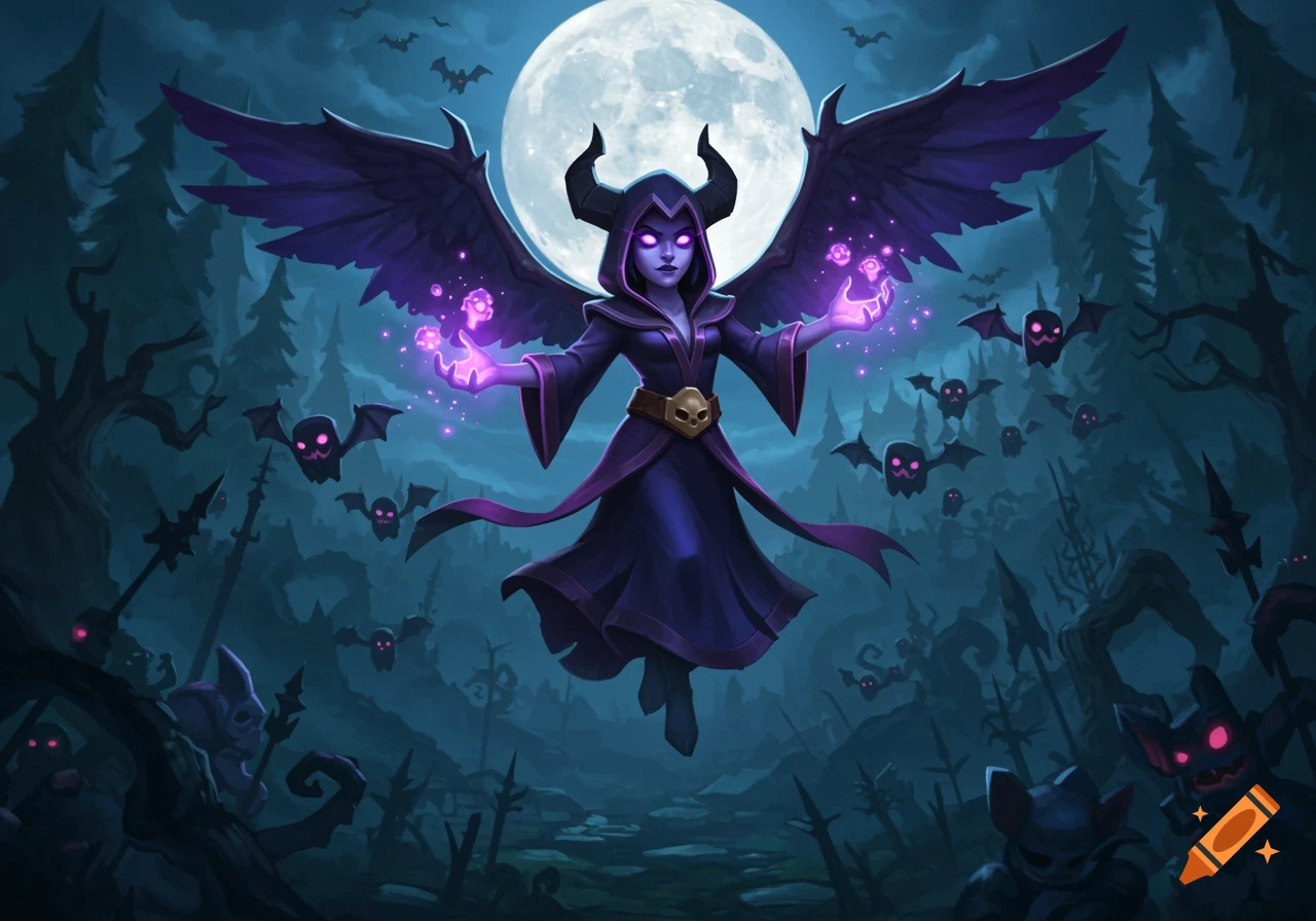 A stylized night witch with purple glowing eyes and large dark wings floats under a full moon, summoning skull-faced bats in a spooky forest.