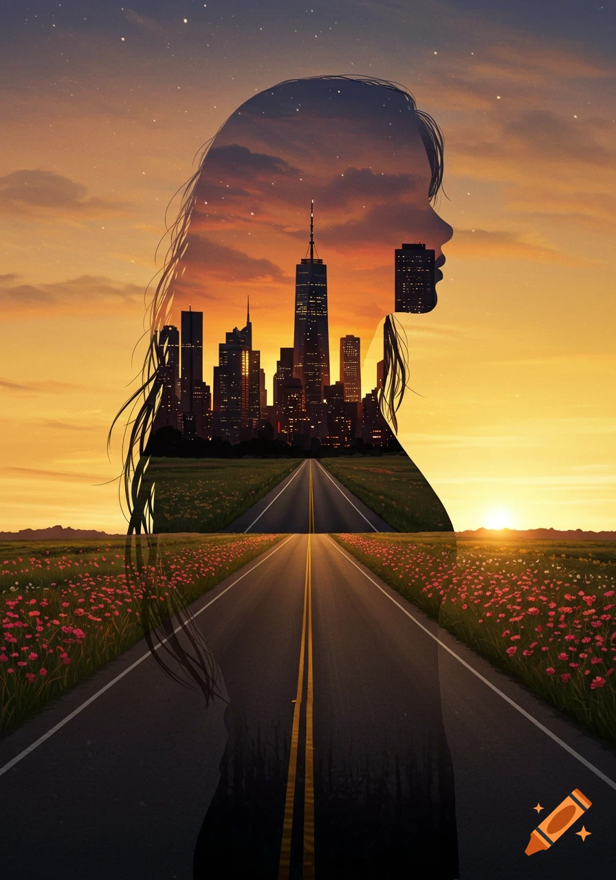 Artistic double exposure of a woman's silhouette containing a city skyline, with a road and wildflowers below at sunset.