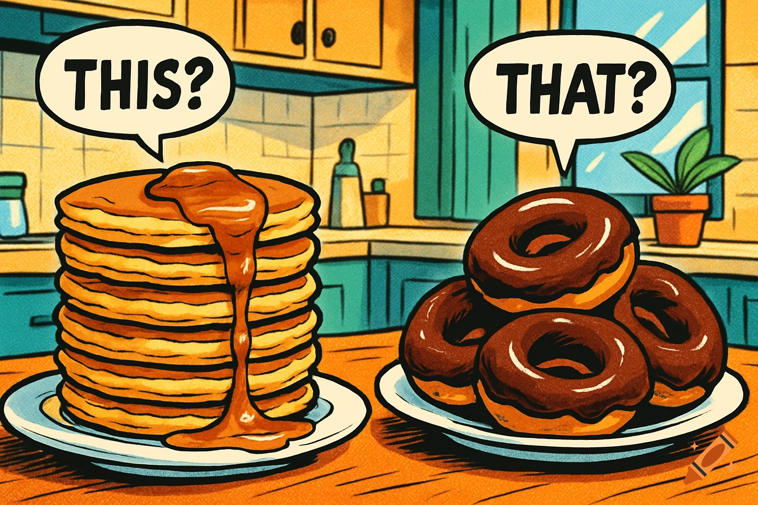 Comic art of pancakes with syrup and chocolate donuts on plates in a kitchen, with speech bubbles "THIS?" and "THAT?".