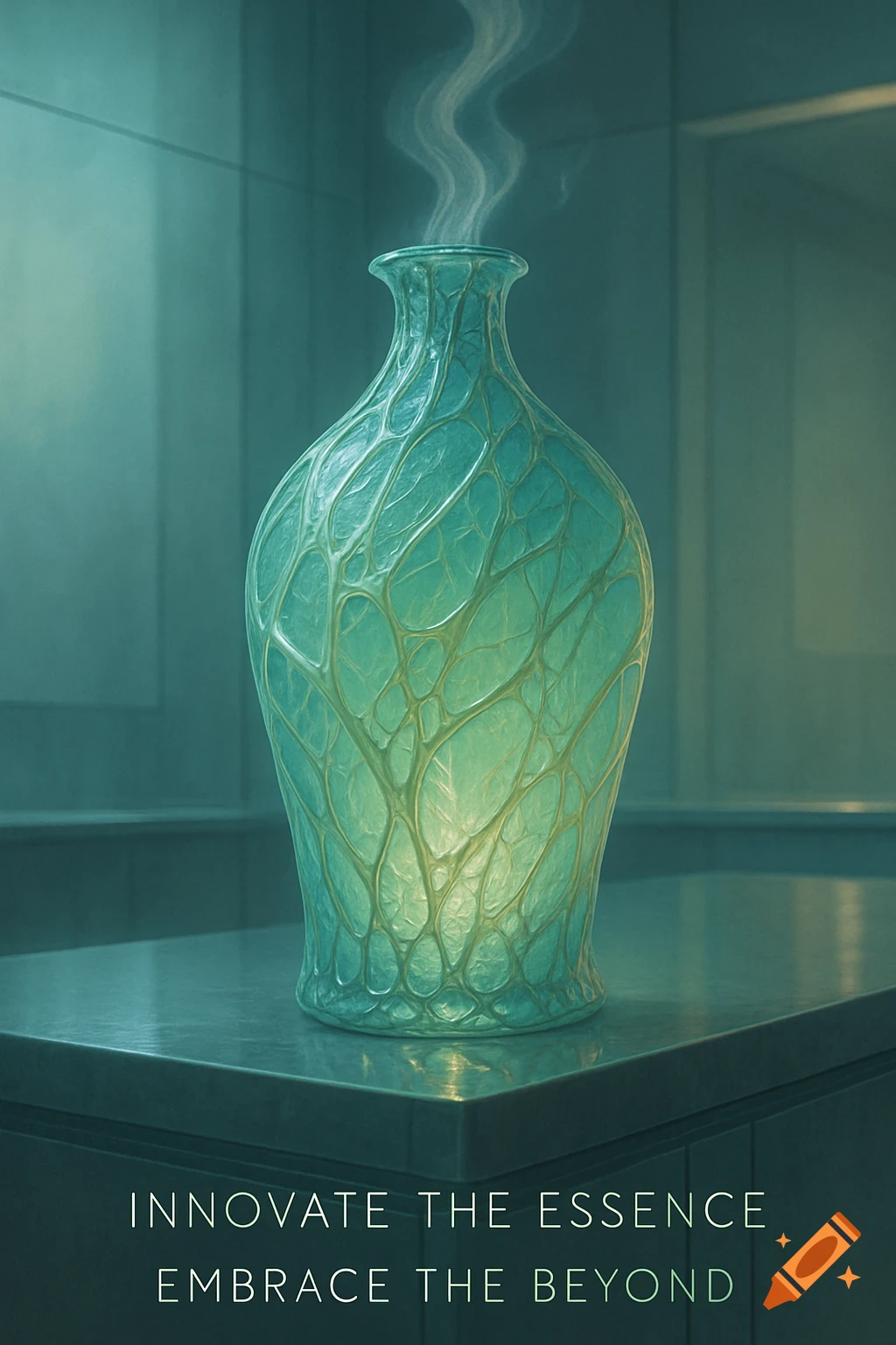 A glowing teal alien-organic bottle with a textured surface, emitting wisps of smoke, stands on a dark counter. A slogan is at the bottom.