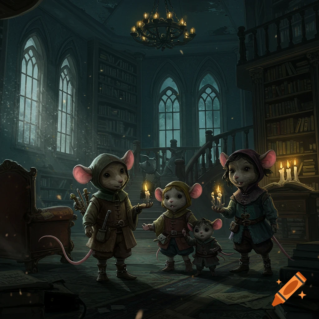 Four anthropomorphic mice with candles in a dimly lit, gothic library with tall windows and bookshelves, dark fantasy illustration.