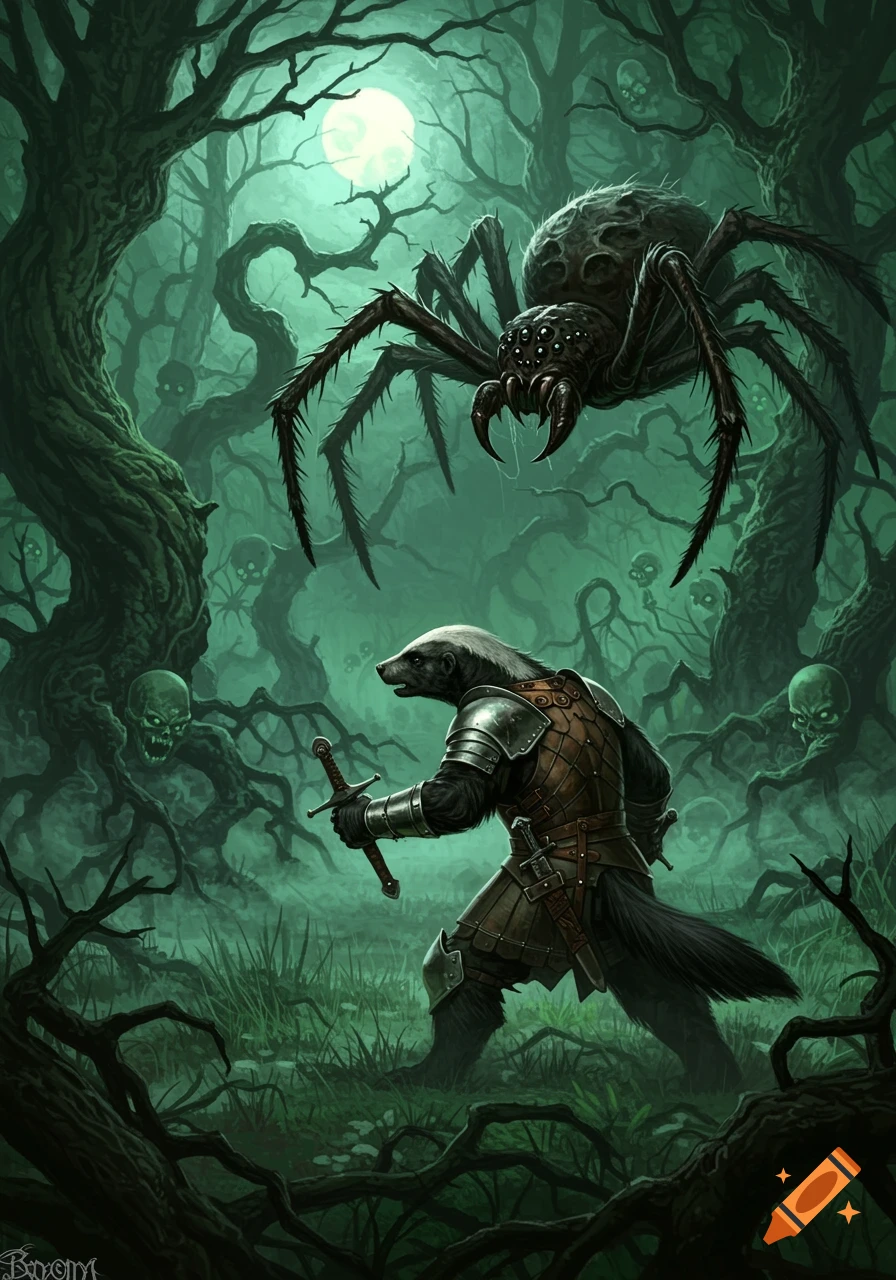 An armored honey badger battles a giant, multi-eyed spider in a spooky, moonlit forest with skull-like features in the trees.