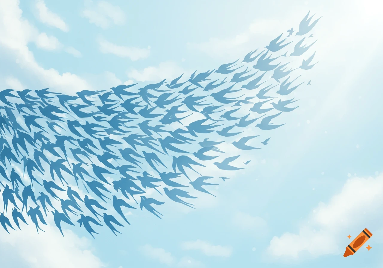 Stylized drawing of a flock of blue swallows forming a large wing shape against a light blue sky with soft clouds.