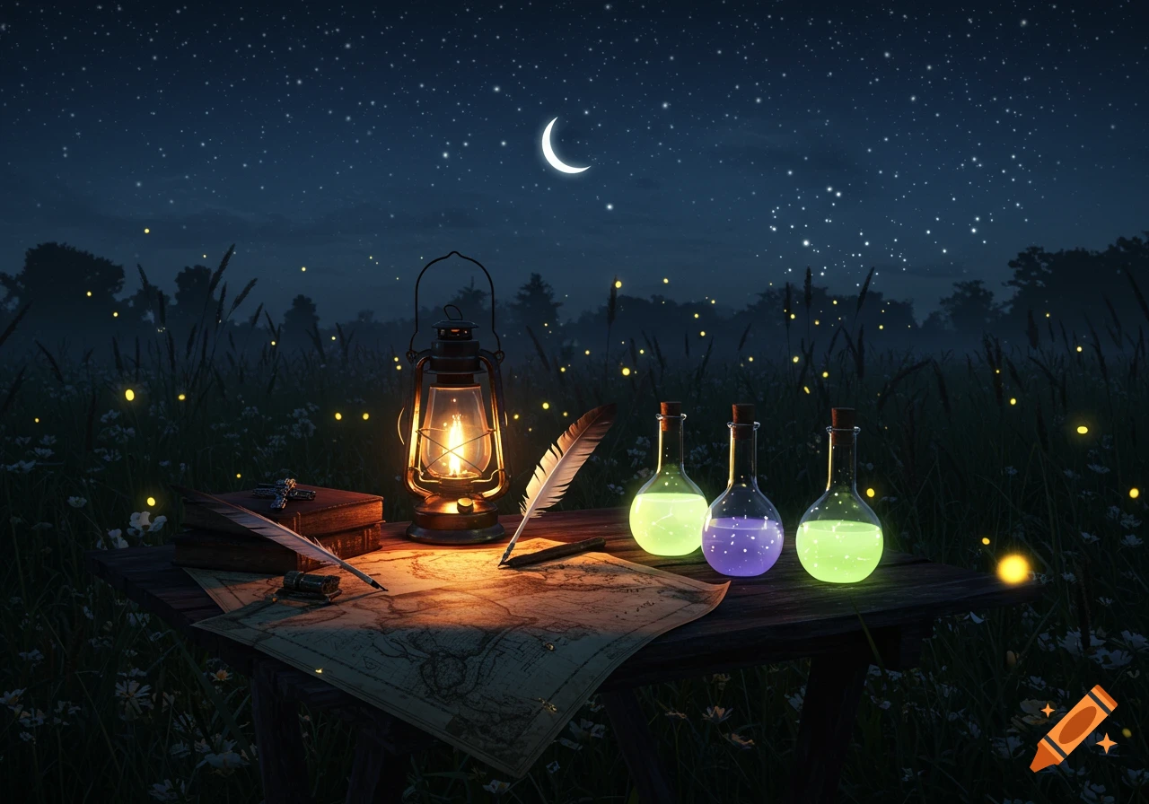 A glowing lantern, three potion bottles, books, and a map on a table in a starry night field with fireflies.