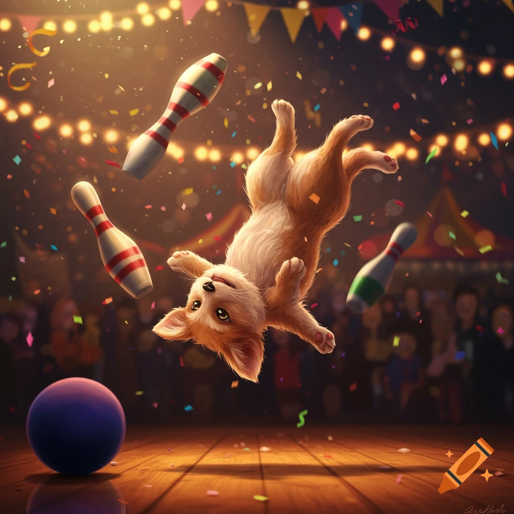 A fluffy dog, resembling a Corgi puppy, performs a backflip while juggling three bowling pins on a wooden stage, surrounded by falling confetti under warm circus lights. A bowling ball rests on the floor.