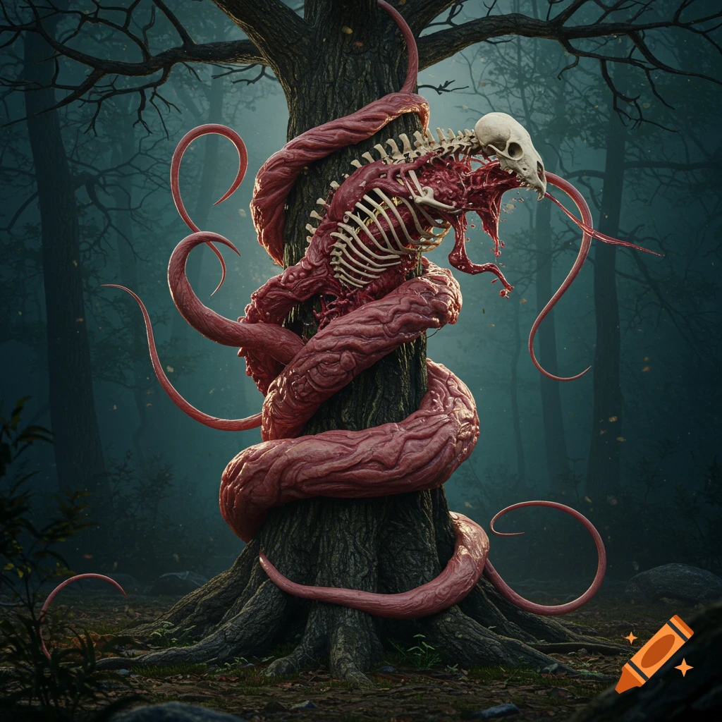 A grotesque flesh and bone creature with tentacles wrapped around a tree in a dark, misty forest, rendered in a realistic style.