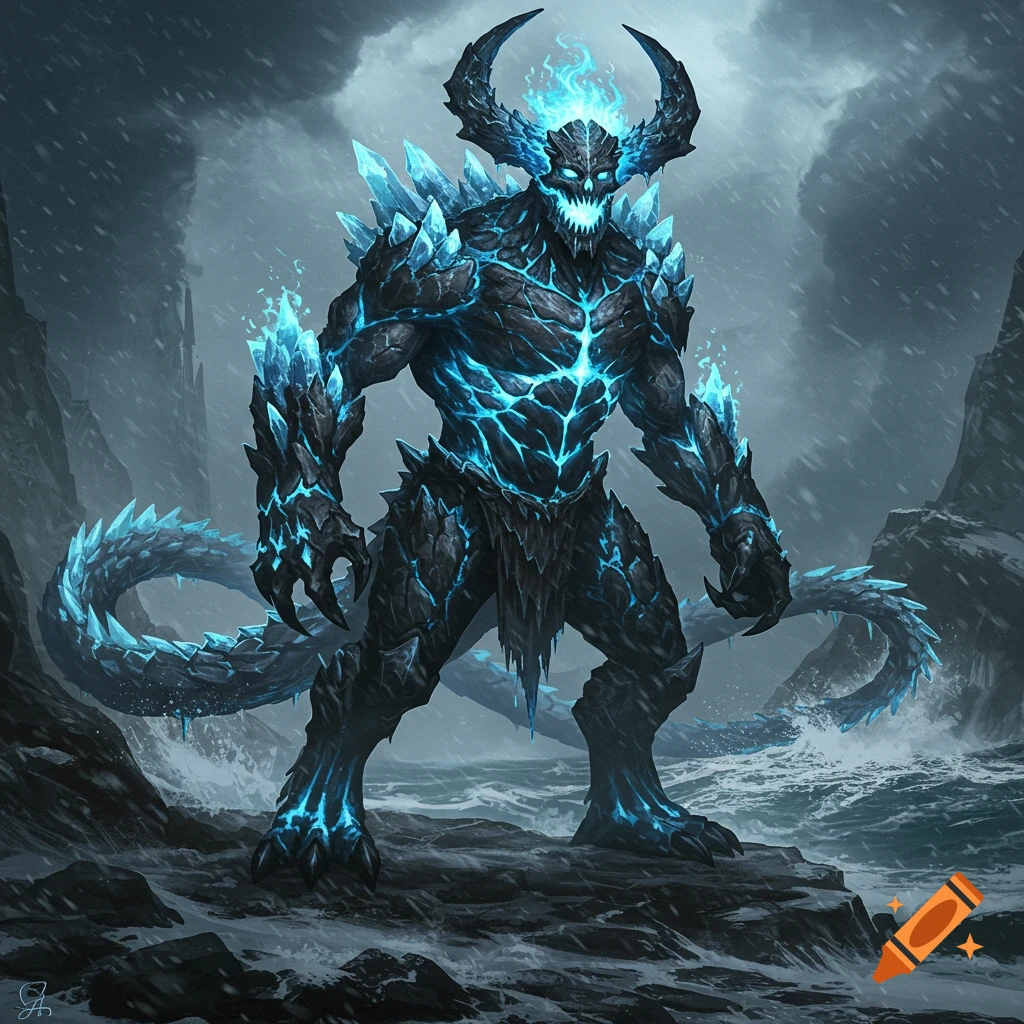 A colossal ice monster with glowing blue veins, crystalline horns, and a spiked tail stands on a rocky coastline in a snowstorm.