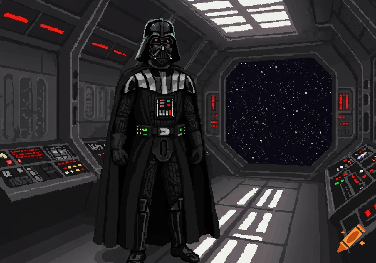 Darth Vader stands in a spaceship cockpit with a window to space, depicted in pixel art style.