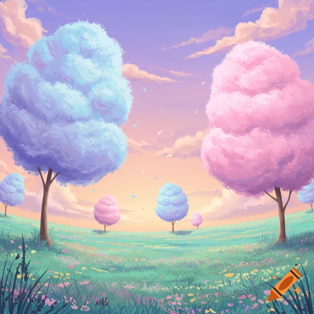 A whimsical landscape with large pink and blue cotton candy trees on a green grassy hill under a pastel sky with clouds.