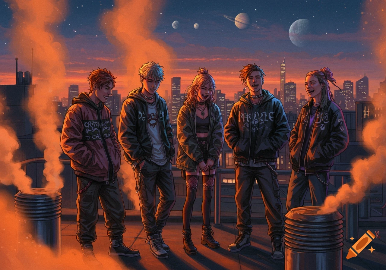 Five young people with an anime style stand on a rooftop at sunset, with a city skyline and planets in the background.