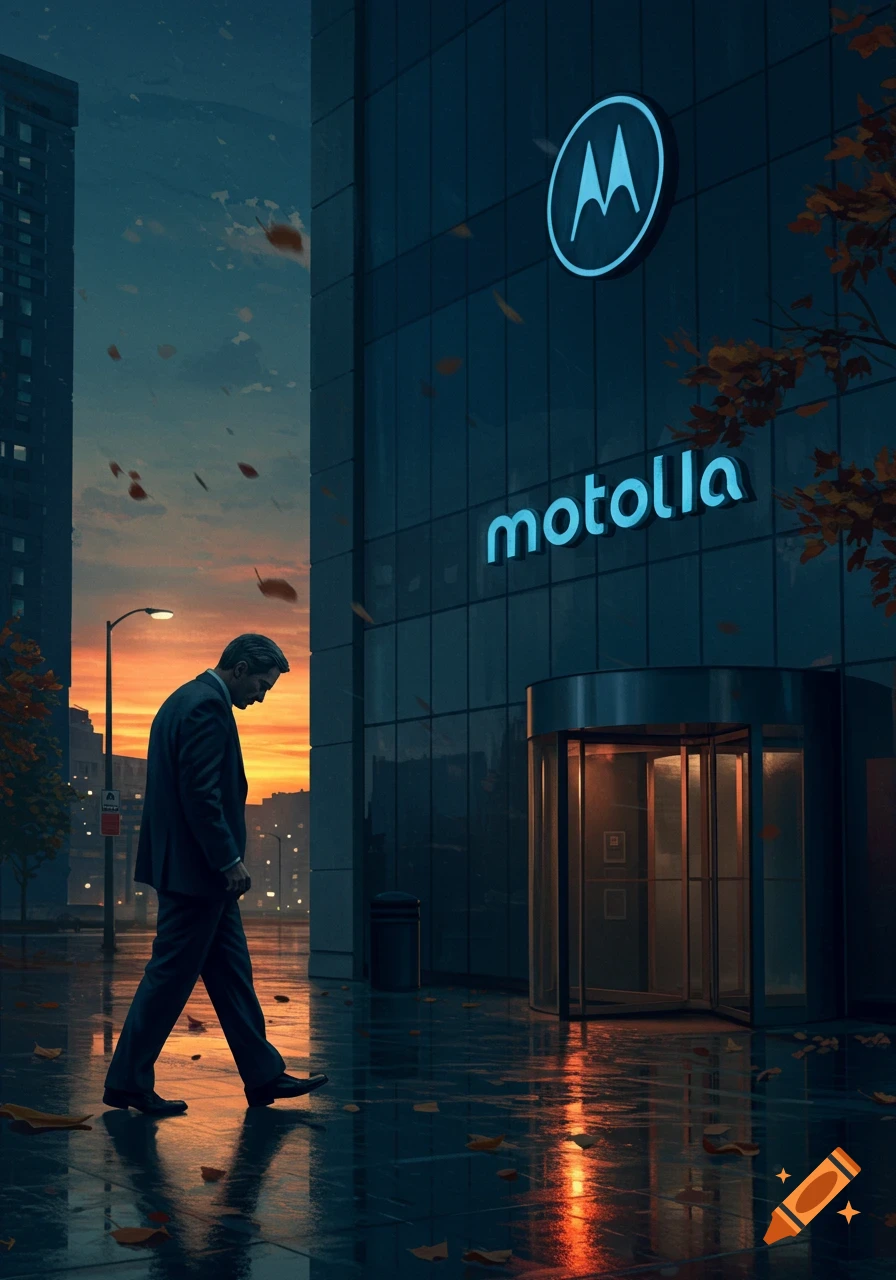 A man in a suit walks past a modern building with a 'motolla' sign on a wet city street at sunset, with falling leaves. Photorealistic.