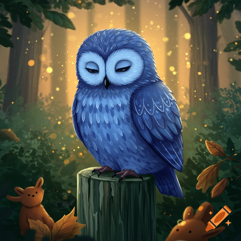 A cute blue owl with closed eyes sits on a tree stump in a magical forest with glowing particles and small, soft creatures.