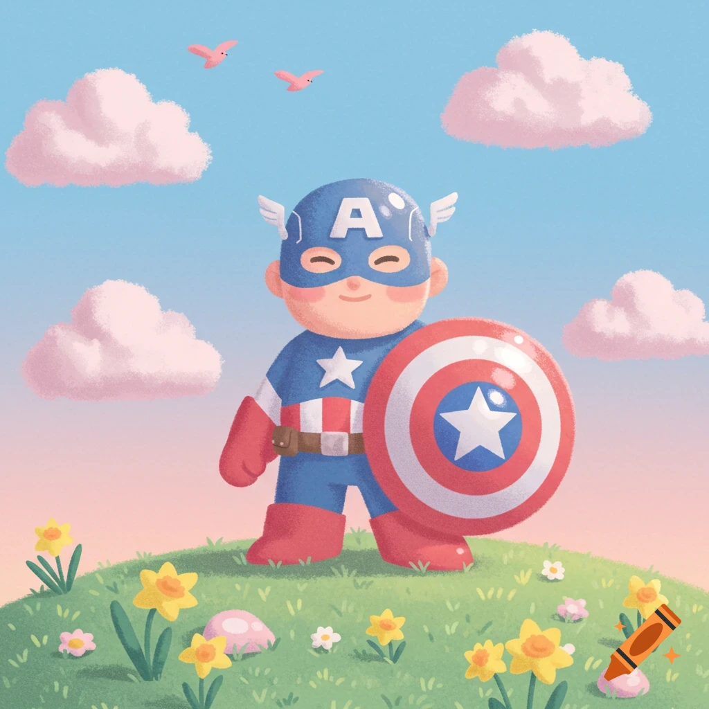 A cute, chibi Captain America stands on a grassy hill, holding his shield, under a blue sky with pink clouds, in a pastel illustration.