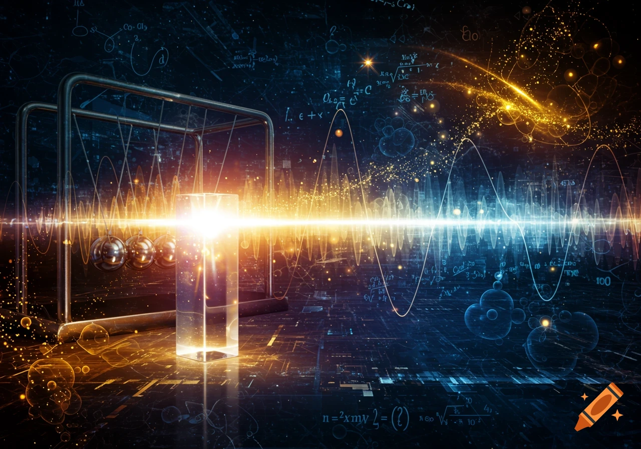 A Newton's cradle, a bright light beam, and wavy energy lines with scientific formulas on a dark, abstract background.