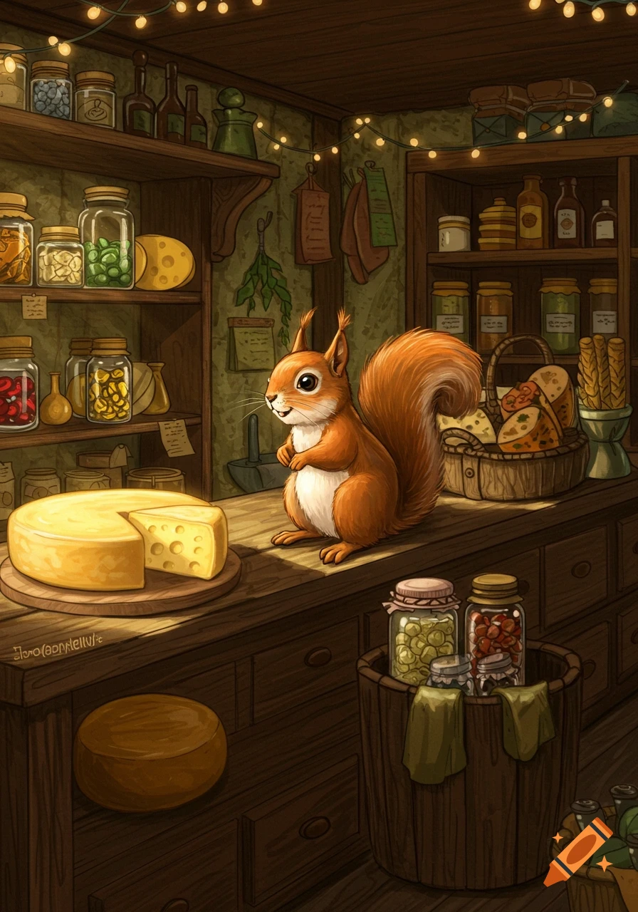 A cute squirrel stands by a large cheese wheel in a cozy, rustic shop filled with jars and goods. Illustration style.