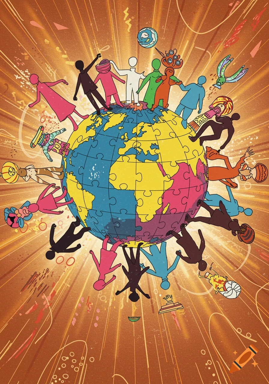 A colorful, stylized illustration of diverse, silhouetted people standing on a puzzle-piece globe, radiating light.