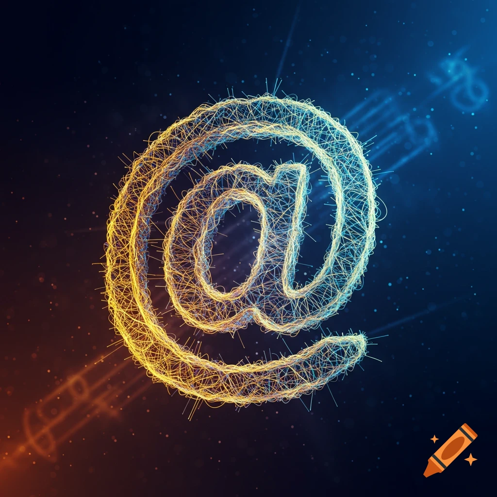 A glowing, abstract @ symbol made of interwoven wires, with blue and orange light emanating from it on a dark background.