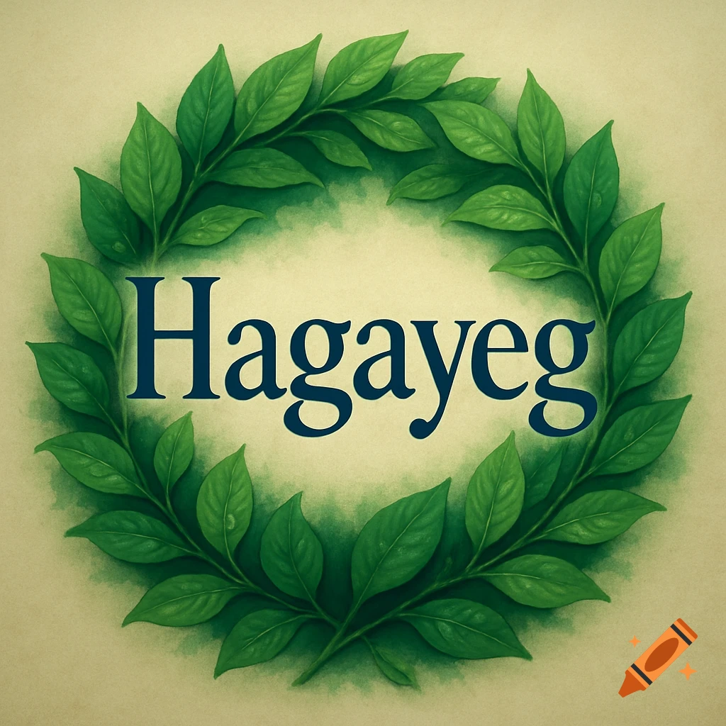 A green leaf wreath encircles the word 'Hagayeg' on a light background, in an illustrative style.