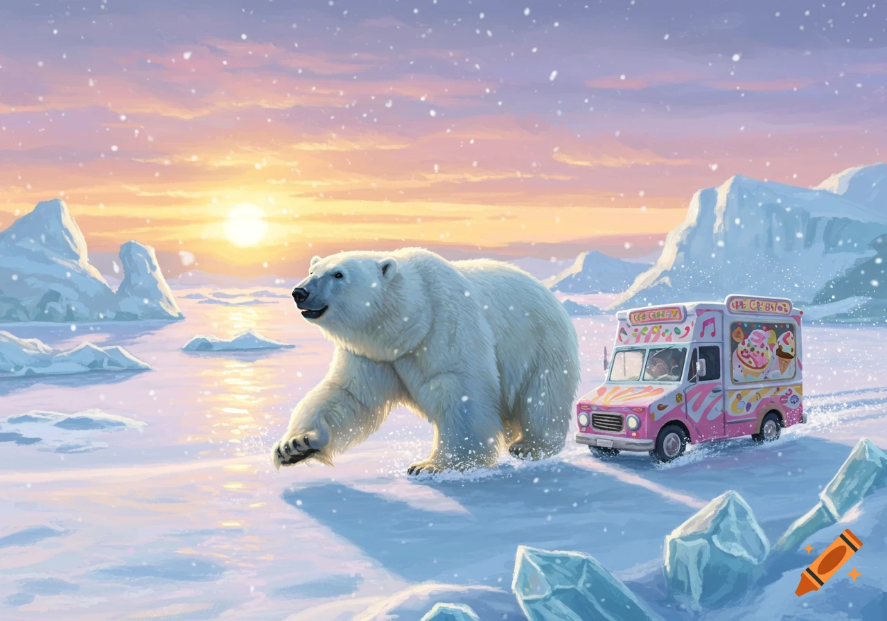 A happy polar bear runs alongside a pink ice cream truck in a snowy arctic landscape with a vibrant sunset.