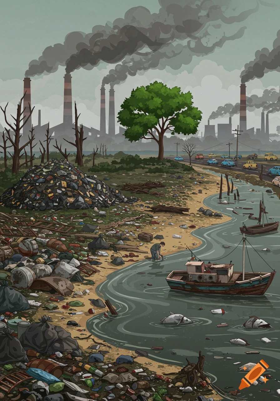 Vector illustration of severe environmental pollution with smoking factories, large trash piles, dead trees, dead fish in a polluted river, and a single green tree.
