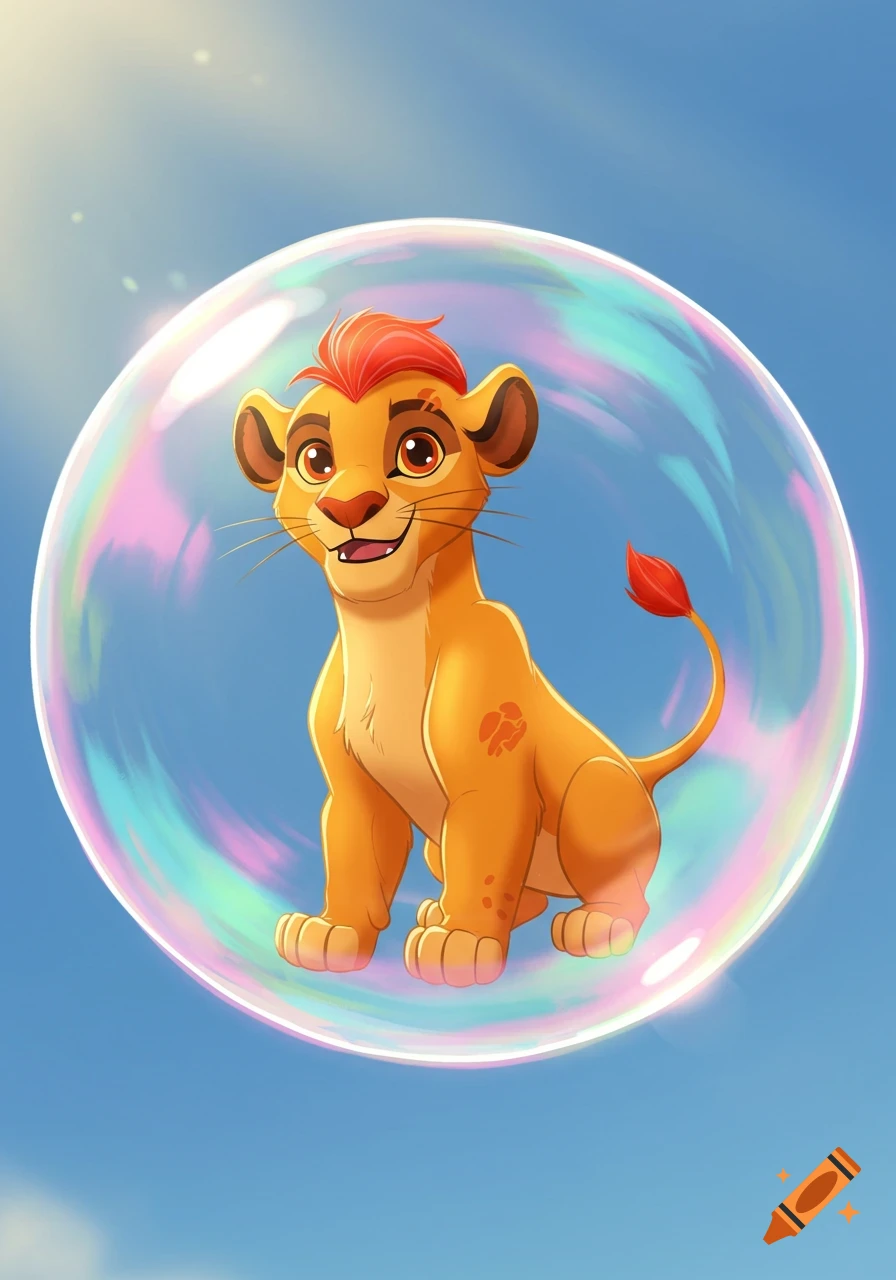 A cartoon lion cub with a red mohawk inside a shimmering bubble, smiling against a blue sky.